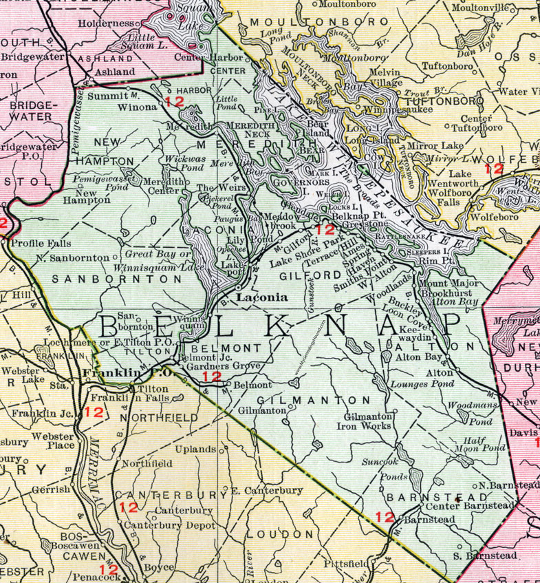 Belknap County, New Hampshire, Map, 1912, Laconia, Meredith, Tilton, Gilford, Alton, Barnstead, Belmont, Gilmanton, New Hampton, Sanbornton, Center Harbor