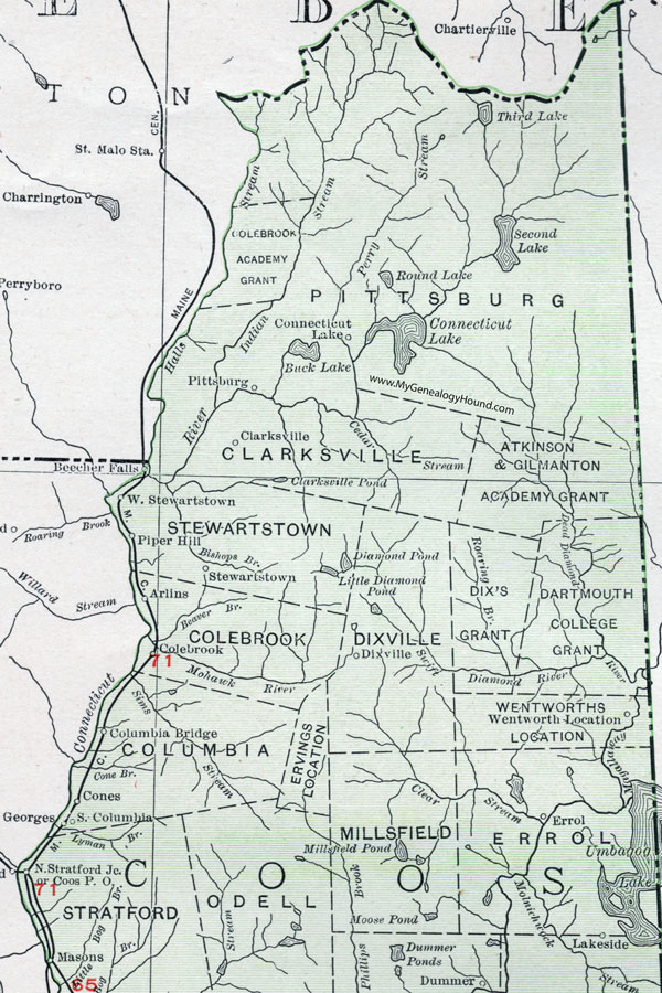Enlarged map of the northern portion of Coos County, New Hampshire, 1912.