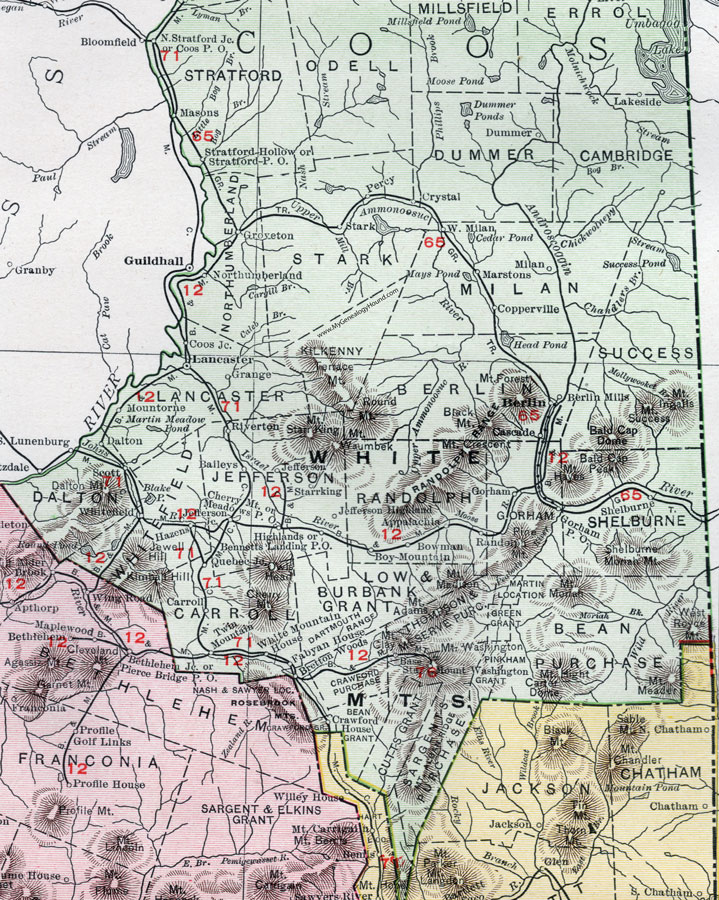 Enlarged map of the southern portion of Coos County, New Hampshire, 1912.