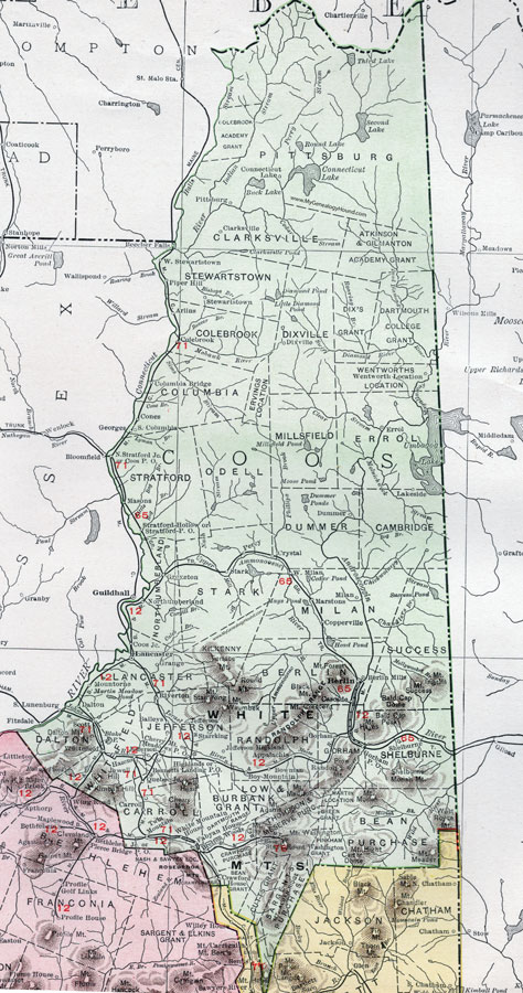 Coos County, New Hampshire, Map, 1912, Berlin, Lancaster, Gorham, Colebrook, Northumberland, Whitefield, Milan, Jefferson, Stewartstown, Dalton, Pittsburg, Carroll, Columbia, Stratford, Stark