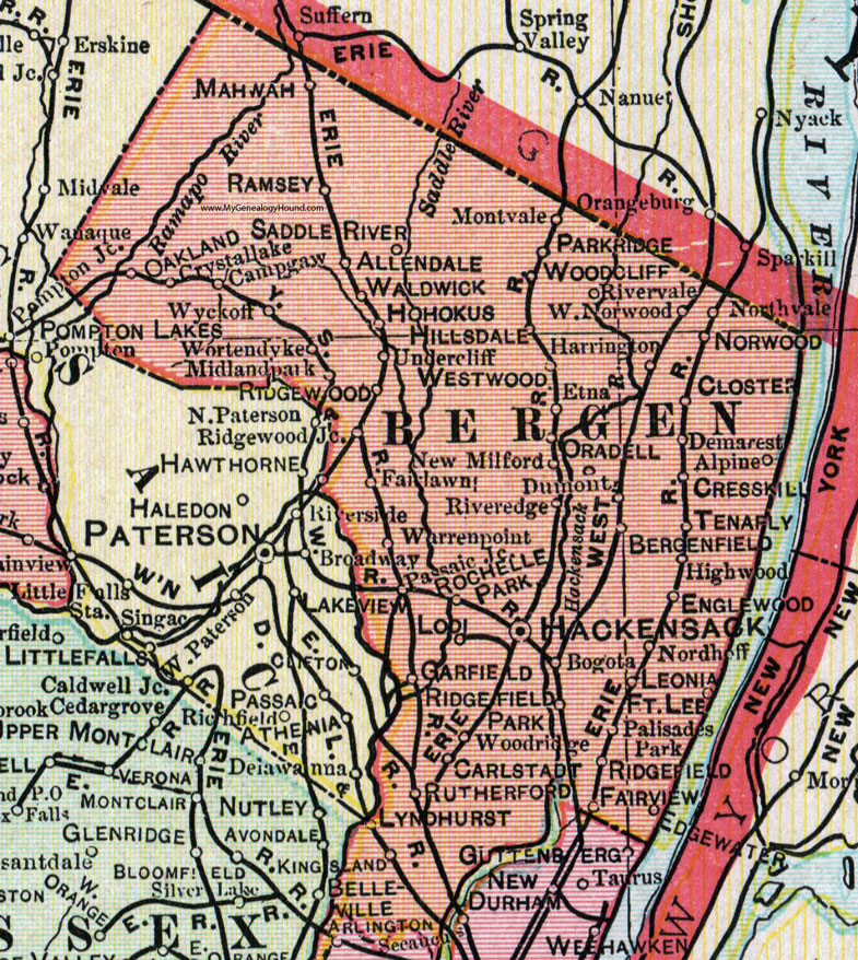Bergen County, New Jersey, Map, 1905, Cram, Hackensack, Saddle River, Bergenfield, Oradell, Ramsey, Mahwah, Hohokus, Norwood, Tenafly, Englewood, Lyndhurst, Ridgefield, Rochelle Park, Oradell, New Milford