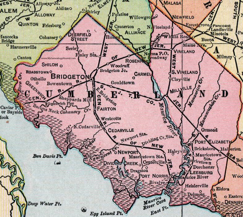 Cumberland County, New Jersey, 1905, Map, Bridgeton, Millville, Vineland, Rosenhayn, Fairton, Cedarville, Dorchester, Port Norris, Carmel, Shiloh