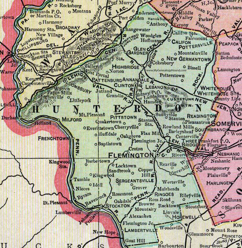 Hunterdon County, New Jersey, 1905, Map, Cram, Flemington, Bloomsbury, Clinton, Milford, Pittstown, Three Bridges, Stockton, Annandale, Hampton, Glen Gardner