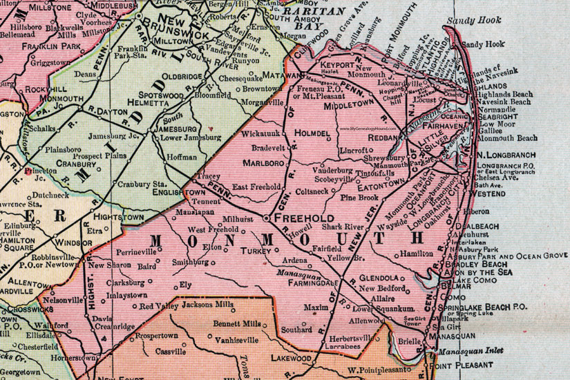 Monmouth County, New Jersey, 1905, Map, Cram, Freehold, Long Branch, Asbury Park, Shrewsbury, Englishtown, Matawan, Fairhaven, Glendola, Marlboro, Holmdel, Red Bank