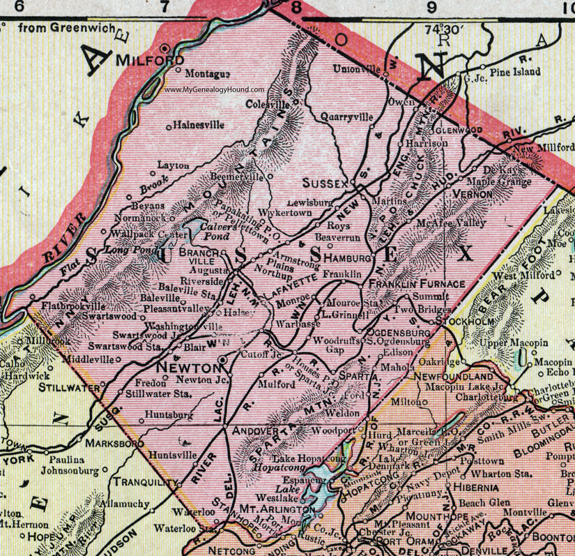 Sussex County, New Jersey, 1905, Map, Cram, Newton, Hamburg, Montague, Lafayette, Ogdensburg, Franklin, Vernon, Branchville, Glenwood, Quarryville