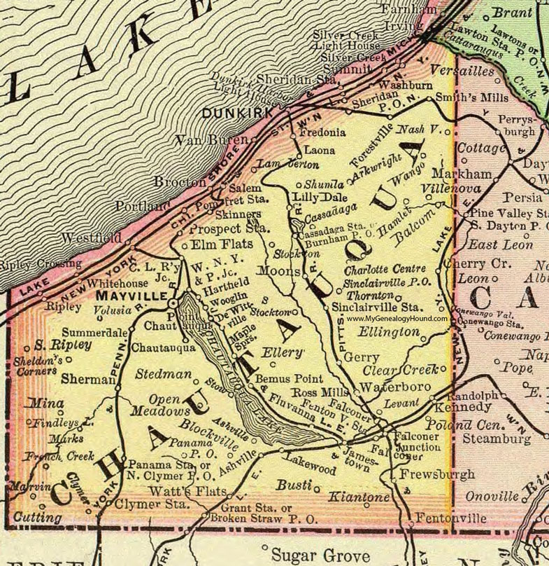 Chautauqua County, New York 1897 Map by Rand McNally, Mayville, Dunkirk, Fredonia, Silver Creek, Westfield, Jamestown, Falconer, Lakewood, Frewsburg, Ashville, NY