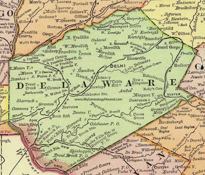 Delaware County, New York 1897 Map by Rand McNally, Delhi, Sidney, Walton, Hancock, Downsville, Arkville, Stamford, Franklin, Margaretville, Fleischmanns, NY