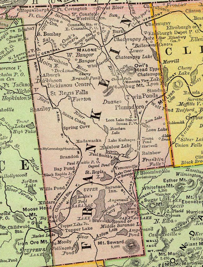 Franklin County, New York 1897 Map by Rand McNally, Malone, Chateaugay, Saint Regis Falls, Moira, Tupper Lake, Saranac Lake, Whippleville, Brushton, Dickinson Center, Santa Clara, NY