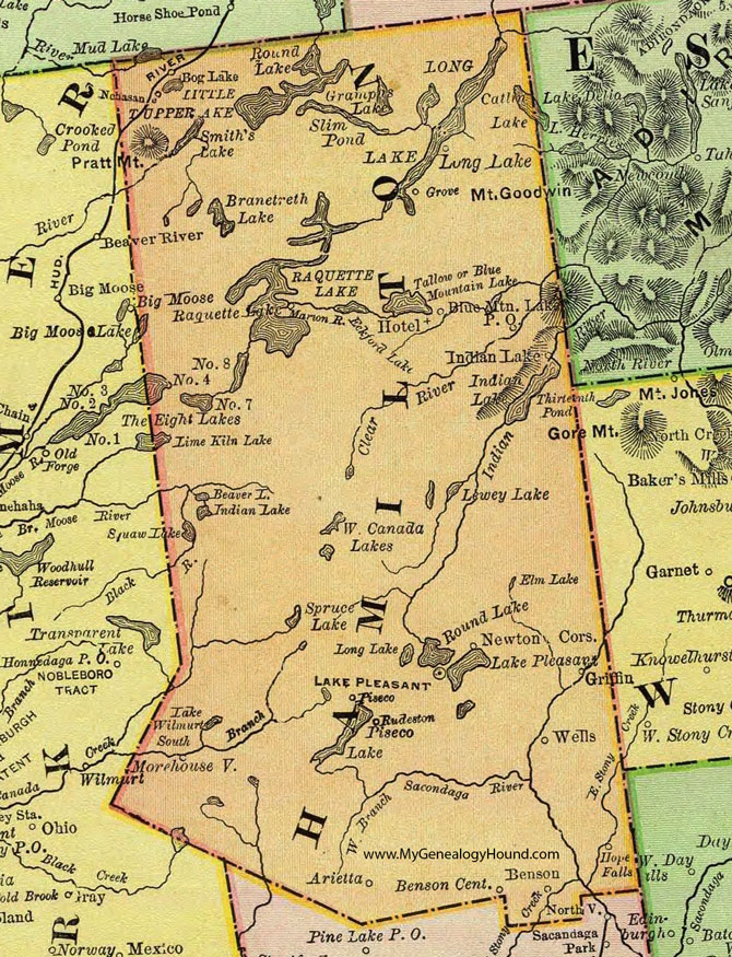 Hamilton County, New York 1897 Map by Rand McNally, Lake Pleasant, Wells, Raquette Lake, Blue Mountain Lake, Long Lake, Arietta, Benson, Hope Falls, Grove, Rudeston, Piesco, NY