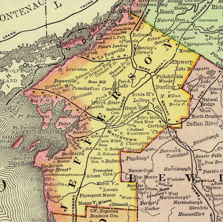 Jefferson County, New York 1897 Map by Rand McNally, Watertown, Carthage, Adams, Felts Mills, Evans Mills, Black River, Theresa, Clayton, Alexandria Bay, Philadelphia, Antwerp, NY