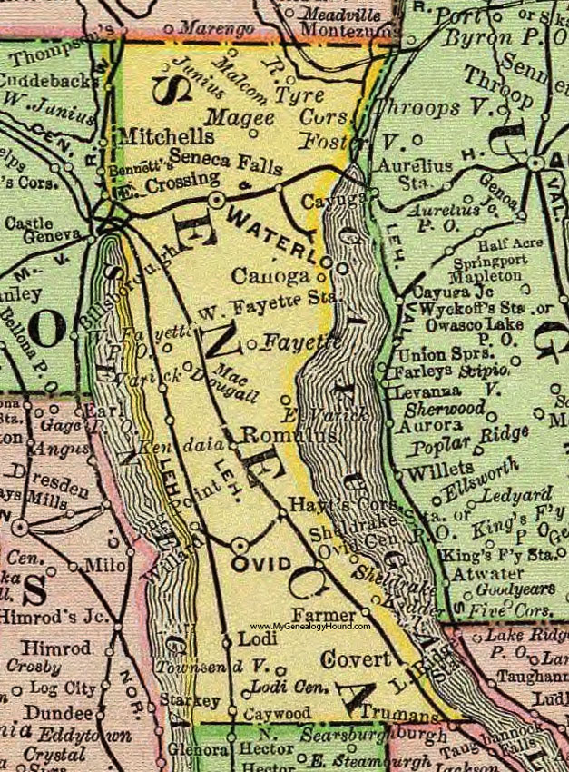 Seneca County, New York 1897 Map by Rand McNally, Waterloo, Ovid, Willard, Seneca Falls, Fayette, Romulus, Lodi, Covert, Magee, MacDougall, Kendaia, NY