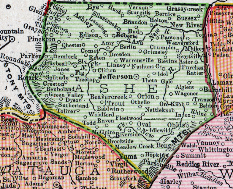 Ashe County, North Carolina, 1911, Map, Rand McNally, Jefferson, Creston, Warrensville, Grayson, Clifton, Baldwin, Crumpler, Scottville, Orion, Glendale Springs, Fleetwood, Idlewood, Lansing