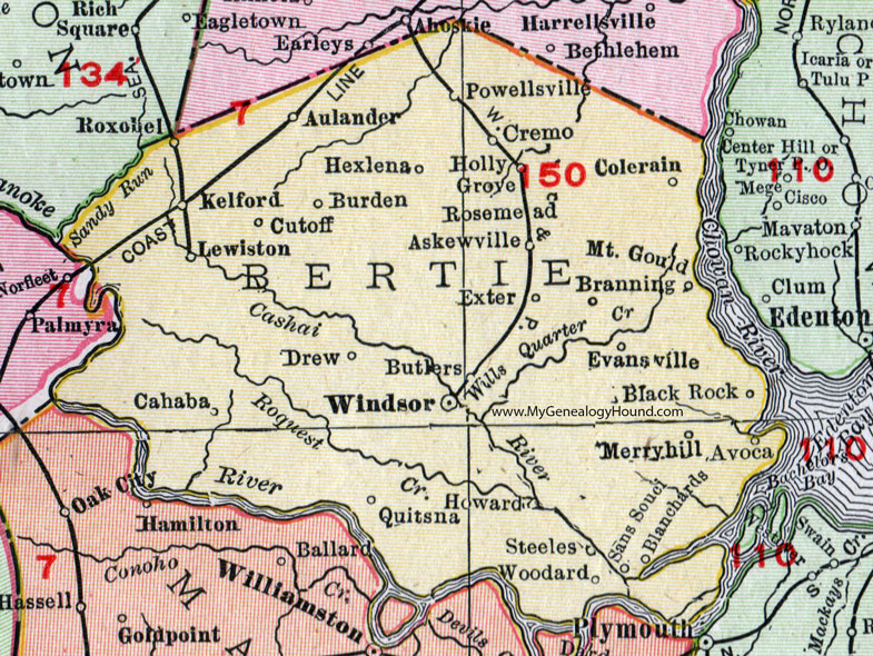 Bertie County, North Carolina, 1911, Map, Rand McNally, Windsor, Aulander, Powellsville, Colerain, Askewville, Lewiston, Kelford, Roxobel, Merry Hill, Quitsna, Branning, Cahaba