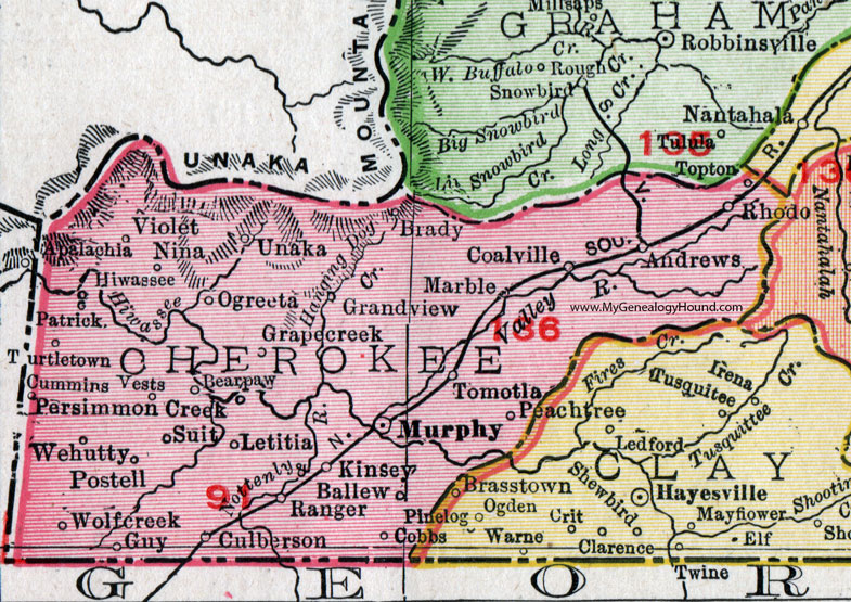 Cherokee County, North Carolina, 1911, Map, Rand McNally, Murphy, Andrews, Marble, Hiawasse, Ogreeta, Unaka, Wehutty, Postell, Letitia, Tomotla, Rhodo, Culberson, Cummins, Ballew, Coalville