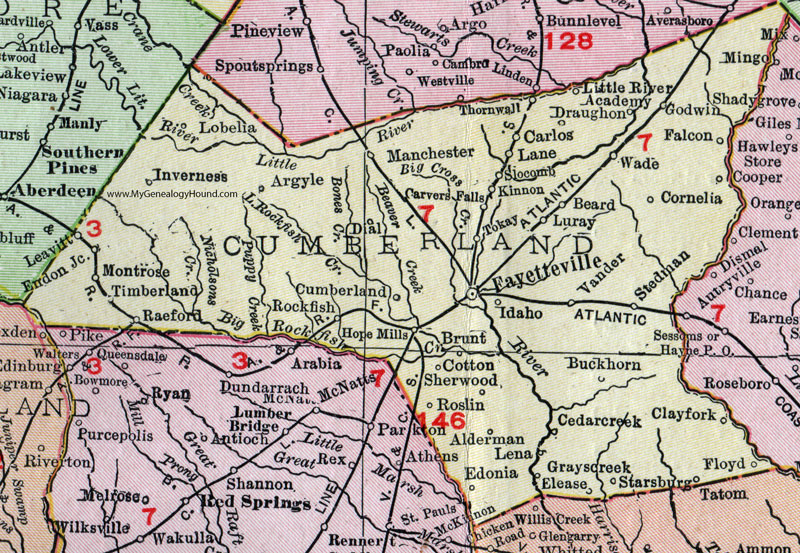 Cumberland County, North Carolina, 1911, Map, Rand McNally, Fayetteville, Hope Mills, Falcon, Wade, Stedman, Raeford, Inverness, Lobelia, Argyle, Draughon, Tokay, Kinnon, Edonia, Starsburg