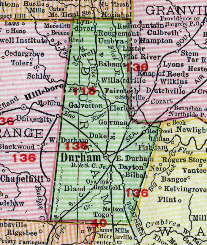 Durham County, North Carolina, 1911, Map, Rand McNally, Rougemont, Bahama, Bilbao, Umbra, Duke, Togo, Oyama, Galveston, Gorman, Brassfield, Bland, Fishdam, Stagville, Fairntosh