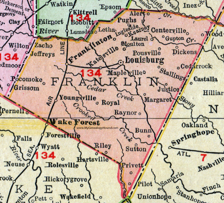Franklin County, North Carolina, 1911, Map, Rand McNally, Louisburg, Franklinton, Youngsville, Bunn, Centerville, Pokomoke, Raynor, Pousville, Moulton, Gupton, Stallings, Sutton