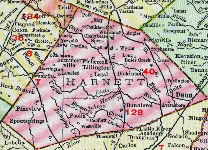 Harnett County, North Carolina, 1911, Map, Rand McNally, Lillington, Buies Creek, Dunn, Coats, Angier, Kipling, Bunnlevel, Chatin, Mohawk, Harrington, Harnett, Turlington, Paolia, Averasboro