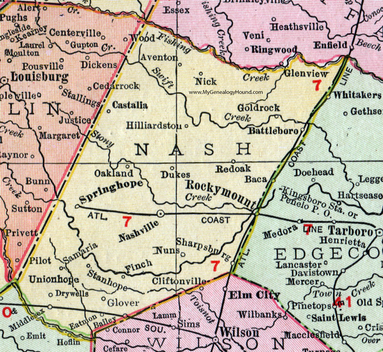 Nash County, North Carolina, 1911, Map, Rand McNally, Nashville, Spring Hope, Middlesex, Bailey