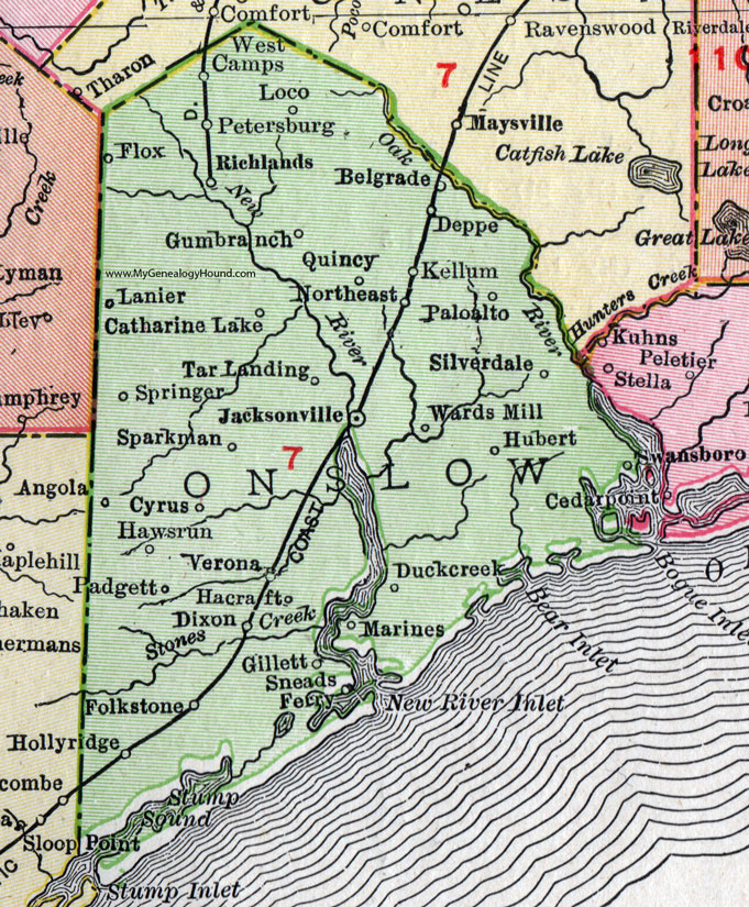 Onslow County, North Carolina, 1911, Map, Rand McNally, Jacksonville, Swansboro, Richlands