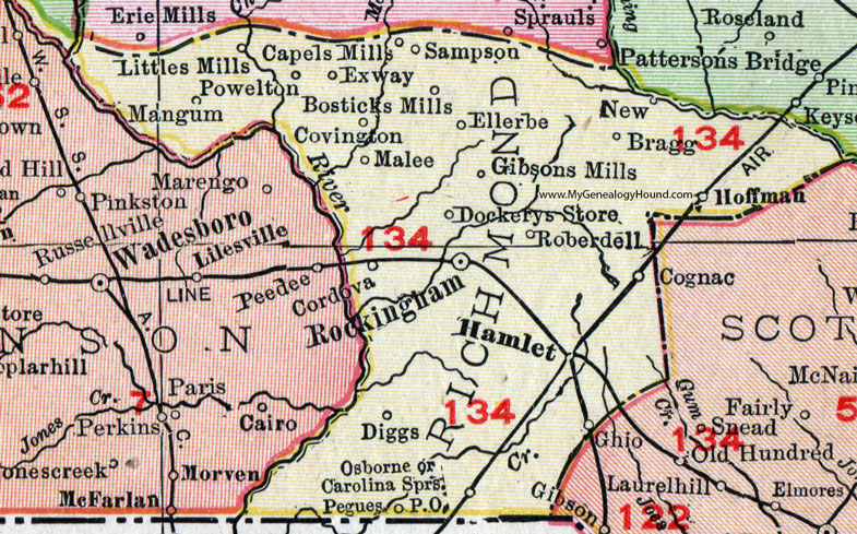 Richmond County, North Carolina, 1911, Map, Rand McNally, Rockingham, Hamlet, Hoffman, Cordova, Ellerbe