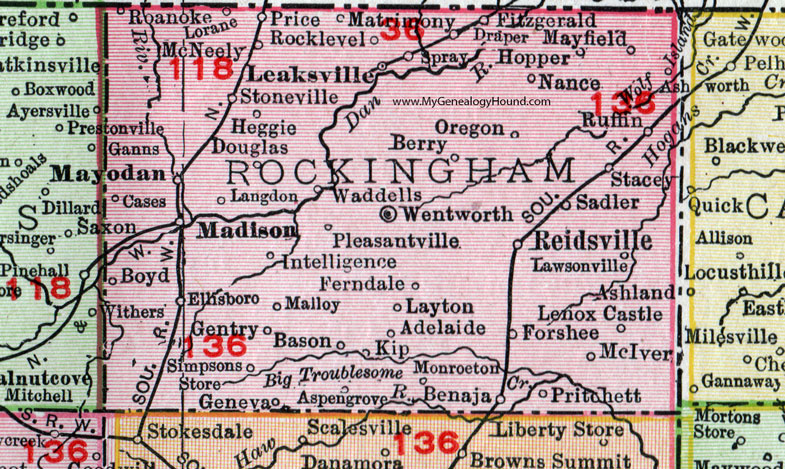 Rockingham County, North Carolina, 1911, Map, Rand McNally, Reidsville, Madison, Mayodan, Stoneville, Leaksville