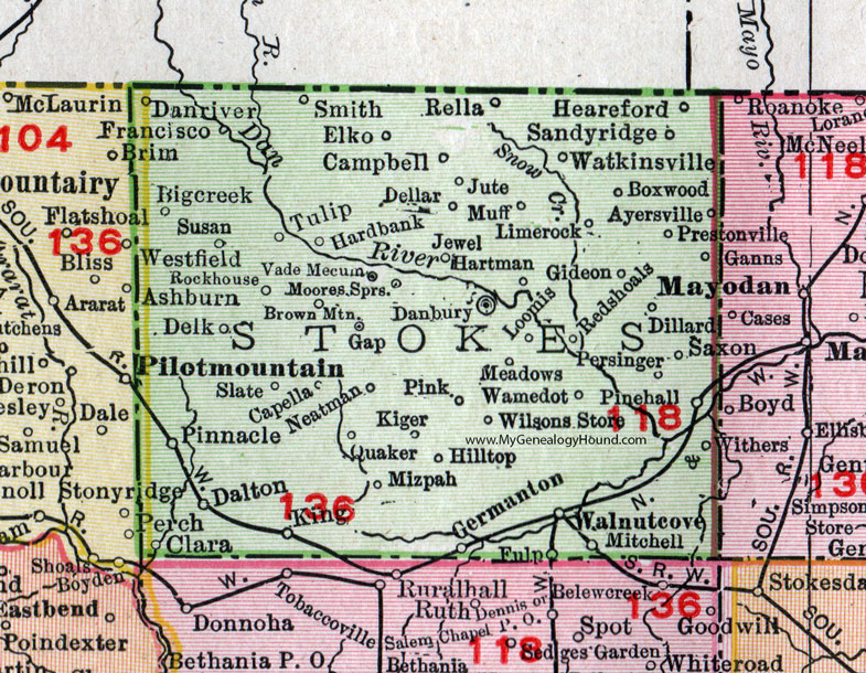 Stokes County, North Carolina, 1911, Map, Rand McNally, Walnut Cove, King, Danbury, Sandy Ridge, Germantown, Pine Hall