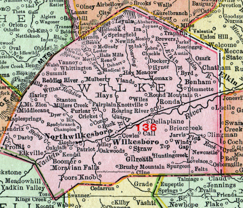 Wilkes County, North Carolina, 1911, Map, Rand McNally, Wilkesboro, Ronda, North Wilkesboro, Cricket, Millers Creek, Moravian Falls, Boomer