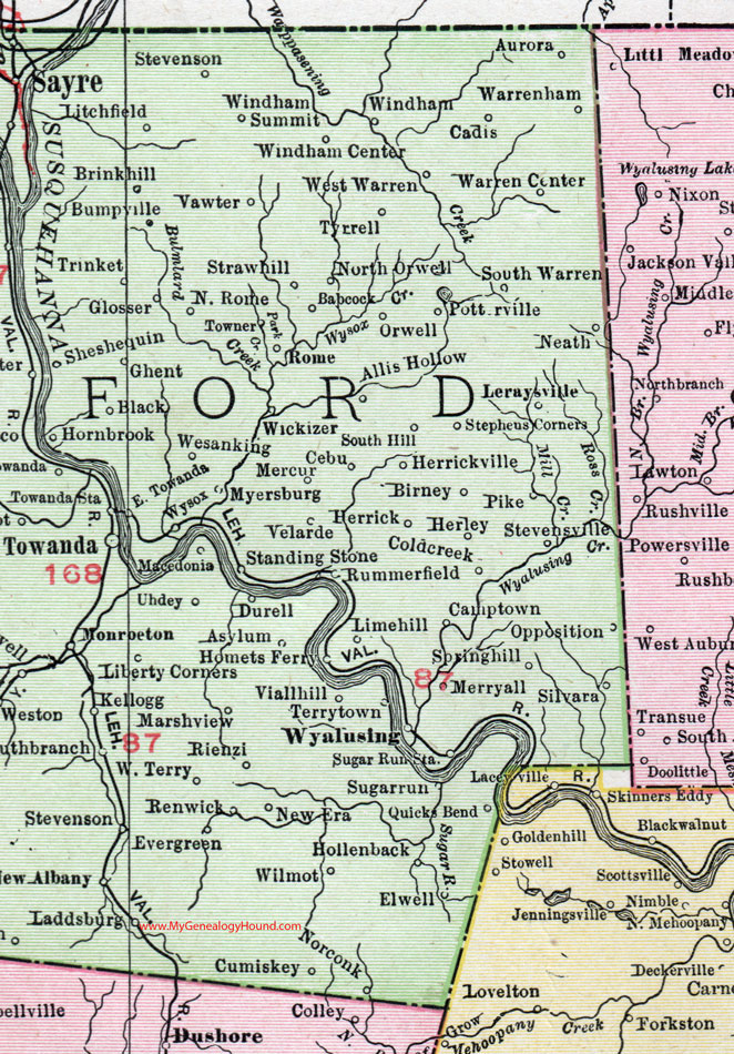 Eastern Bradford County, Pennsylvania on an 1911 map by Rand McNally.