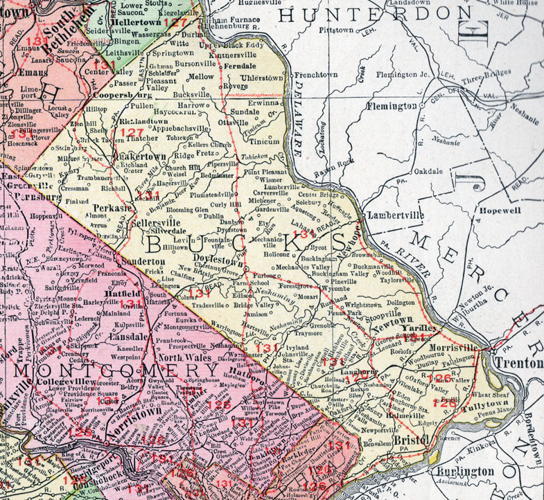Bucks County, Pennsylvania 1911 Map by Rand McNally, Doylestown, Bristol, Quakertown, Perkasie, Sellersville, New Hope, Newtown, Yardley, Morrisville, Tullytown, PA