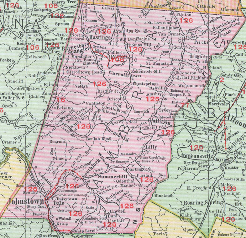 Cambria County, Pennsylvania 1911 Map by Rand McNally, Johnstown, Ebensburg, Gallitzin, South Fork, Portage, Summerhill, Lilly, Carrolltown, Hastings, Spangler, Barnesboro, Patton, Beaverdale, PA