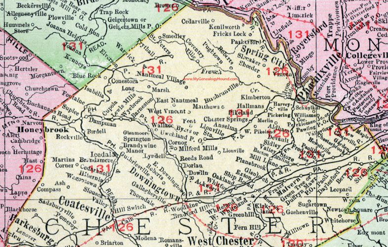 Northern Chester County, Pennsylvania on an 1911 map by Rand McNally.