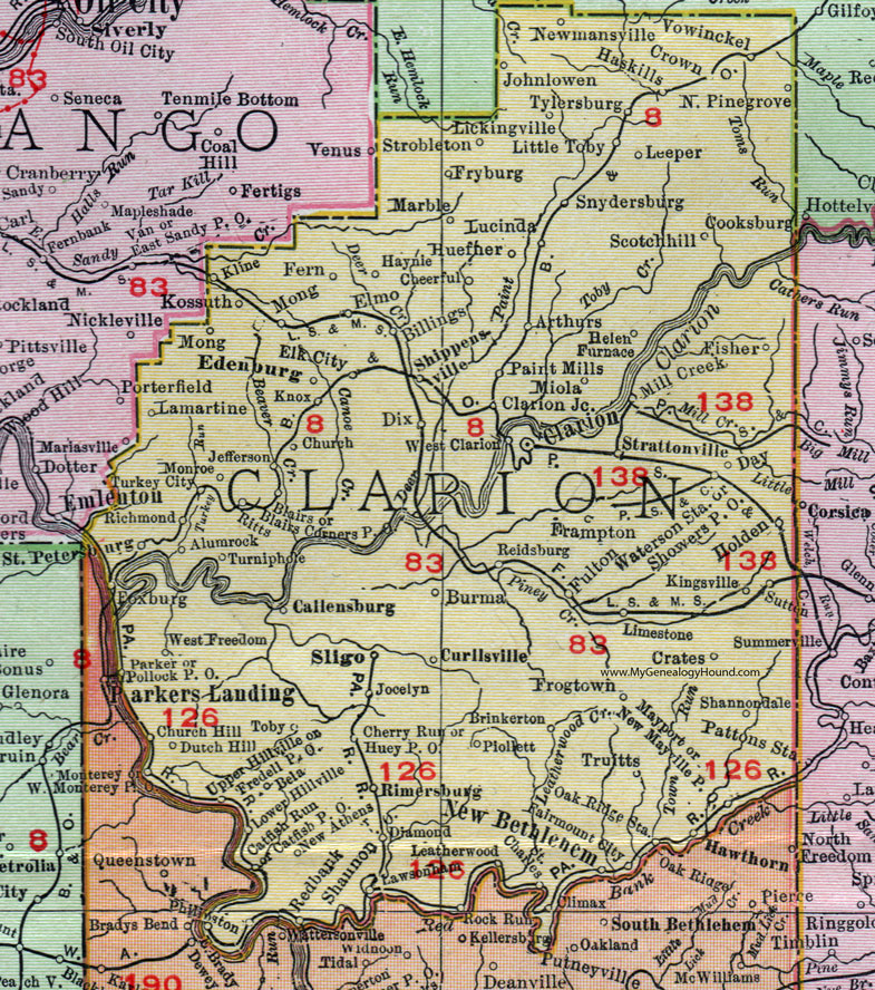 Clarion County, Pennsylvania 1911 Map by Rand McNally, Shippenville, Rimersburg, East Brady, Curllsville, New Bethlehem, Fairmount City, Sligo, Mayport, Strattanville, Fryburg, Snydersburg, Lucinda, Cooksburg, PA