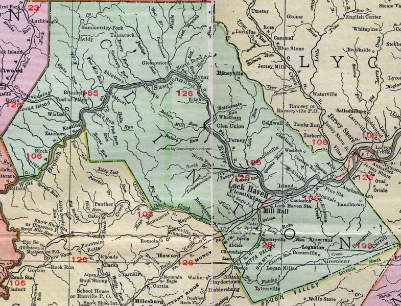 Clinton County, Pennsylvania 1911 Map by Rand McNally, Lock Haven, Mill Hall, Flemington, Castanea, Avis, Renovo, Mackeyville, Salona, Loganton, Tylersville, Woolrich, McElhattan, Hyner, PA