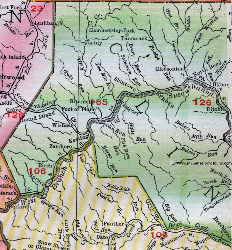 Western Clinton County, Pennsylvania on an 1911 map by Rand McNally.