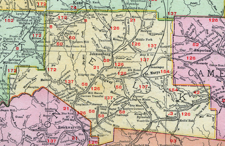 Elk County, Pennsylvania 1911 Map by Rand McNally, Ridgway, Johnsonville, Saint Marys, Wilcox, James City, Kersey, Dagus Mines, Brandy Camp, Brockport, Byrnedale, Weedville, Benezette, Portland Mills, PA