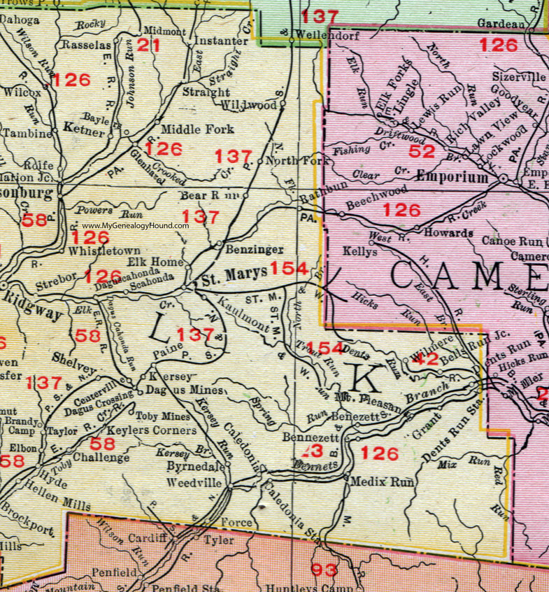 Eastern Elk County, Pennsylvania on an 1911 map by Rand McNally.