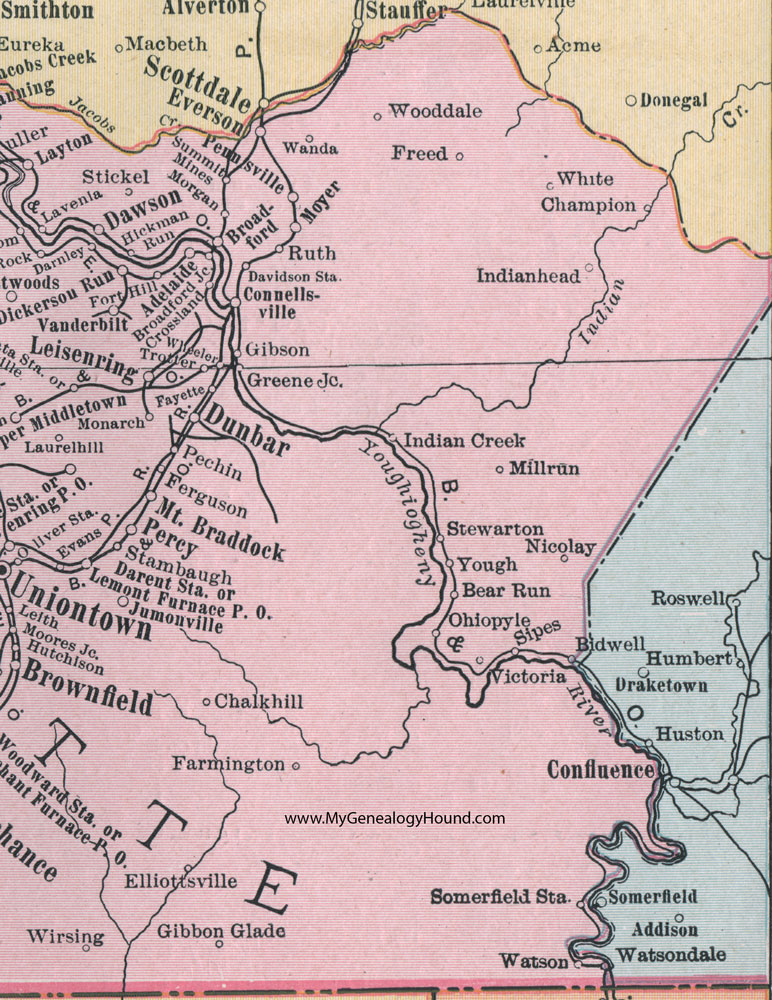 Eastern Fayette County, Pennsylvania on an 1911 map by Rand McNally.