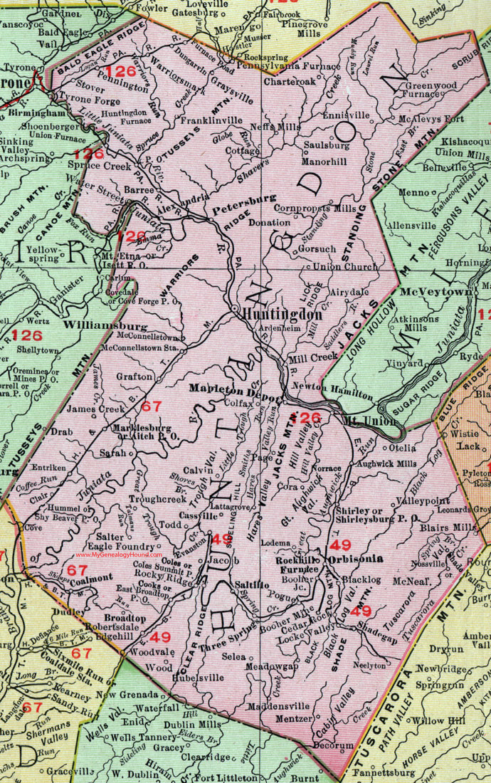 Huntingdon County, Pennsylvania 1911 Map by Rand McNally, Petersburg, Alexandria, Orbisonia, Mapleton Depot, Blairs Mills, Shirleysburg, Mount Union, Mill Creek, Three Springs, Shade Gap, Neelyton, Dudley, Cassville, PA