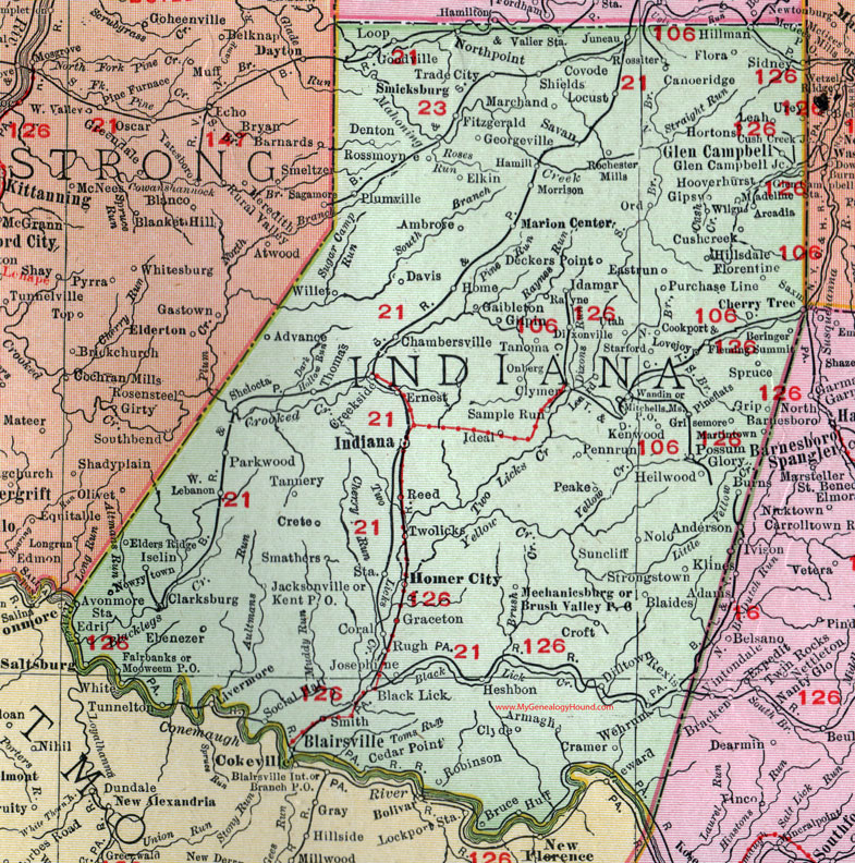 Indiana County, Pennsylvania 1911 Map by Rand McNally, Glen Campbell, Blairsville, Homer City, Saltsburg, Robinson, Plumville, Ernest, Cherry Tree, Dixonville, Clymer, Coral, Armagh, Nolo, PA