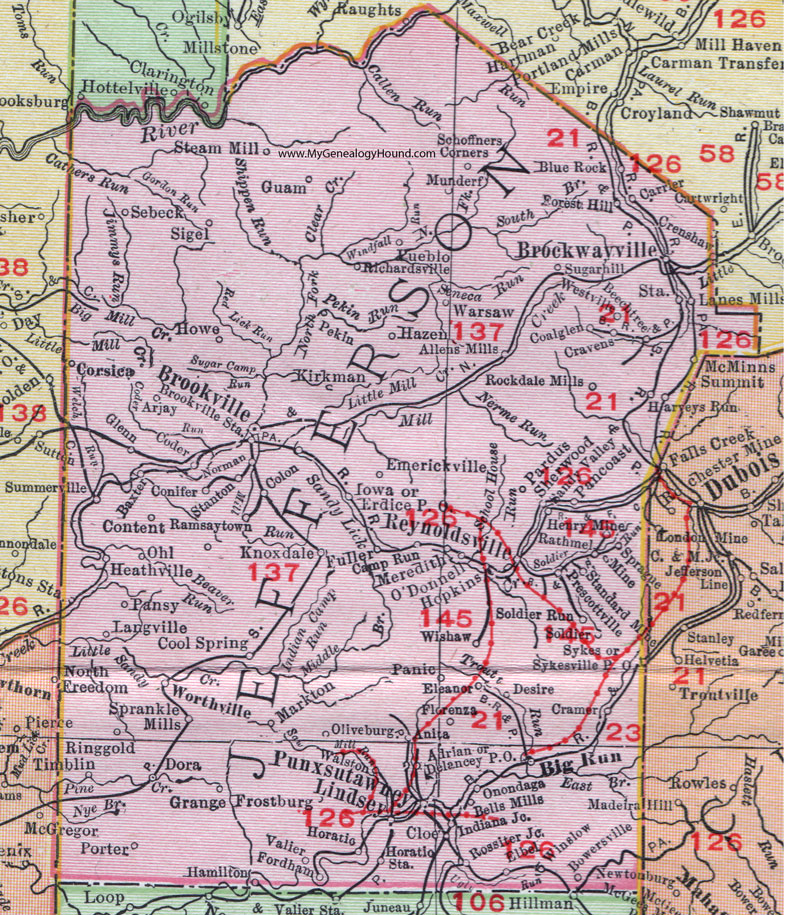 Jefferson County, Pennsylvania 1911 Map by Rand McNally, Brookville, Punxsutawney, Lindsey, Big Run, Reynoldsville, Brockway, Sykesville, Corsica, Summerville, Worthville, Knox Dale, Timblin, Ringgold, PA