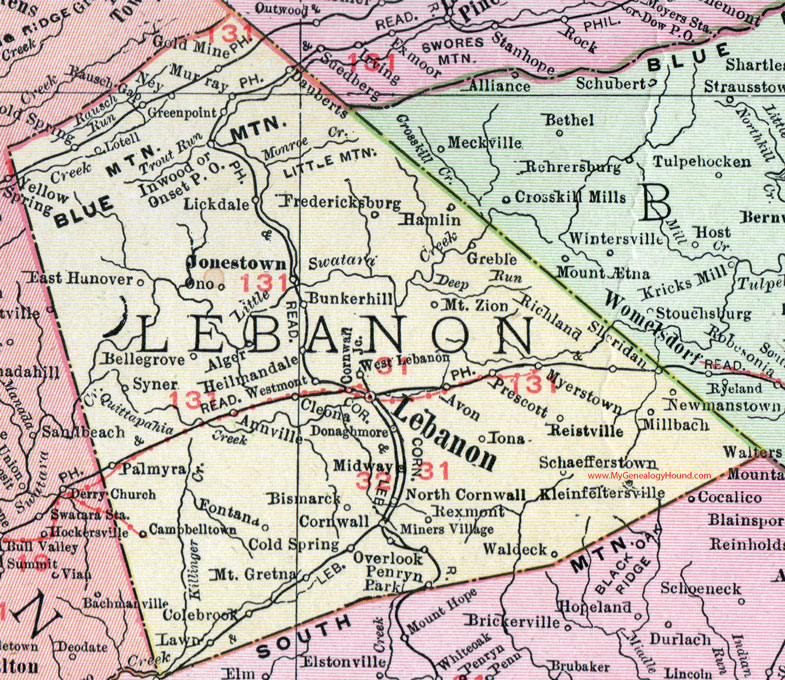 Lebanon County, Pennsylvania 1911 Map by Rand McNally, Fredericksburg, Myerstown, Cleona, Annville, Jonestown, Palmyra, Campbelltown, Schaefferstown, Newmanstown, Cornwall, Rexmont, Colebrook, PA