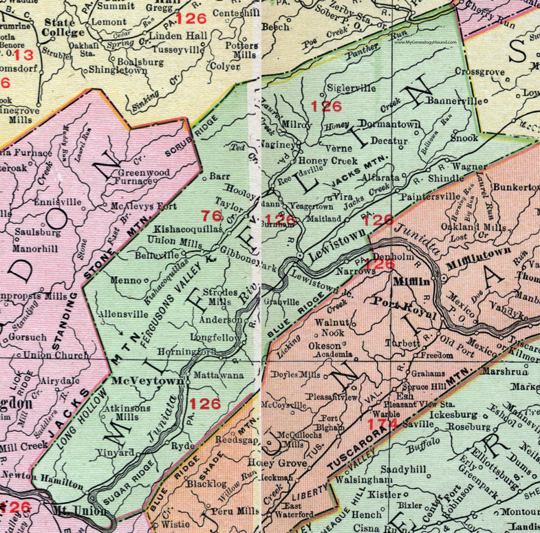 Mifflin County, Pennsylvania 1911 Map by Rand McNally, Lewistown, McVeytown, Belleville, Paintersville, Yeagertown, Allensville, Granville, Mattawana, Burnham, Milroy, Reedsville, Union Mills, Strodes Mills, Atkinsons Mills, PA