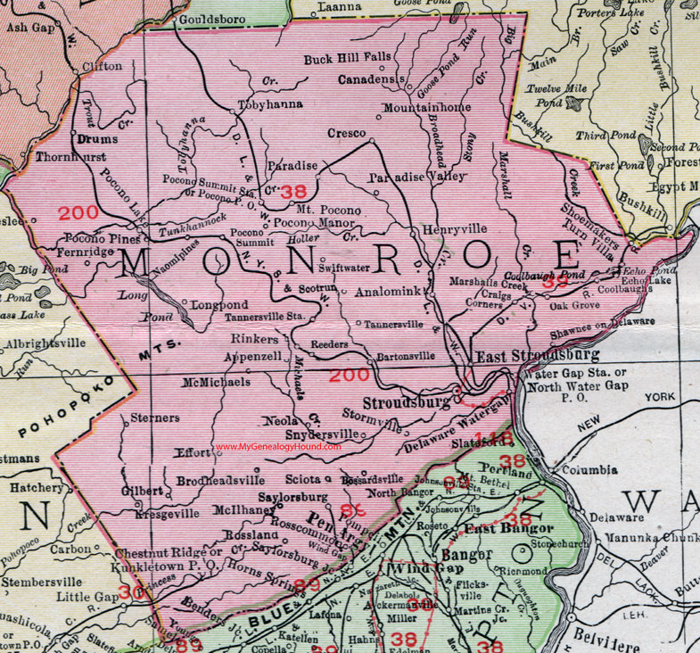 Monroe County, Pennsylvania 1911 Map by Rand McNally, Stroudsburg, Kresgeville, Tobyhanna, Pocono, Buck Hill Falls, Mountainhome, Canadensis, Tannersville, Delaware Water Gap, PA
