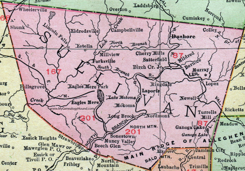 Sullivan County, Pennsylvania 1911 Map by Rand McNally, Laporte, Dushore, Mildred, Eagles Mere, Forksville, Shunk, Hillsgrove, Muncy Valley, Sonestown, Lopez, Satterfield, Mokoma, Eldredsville, PA