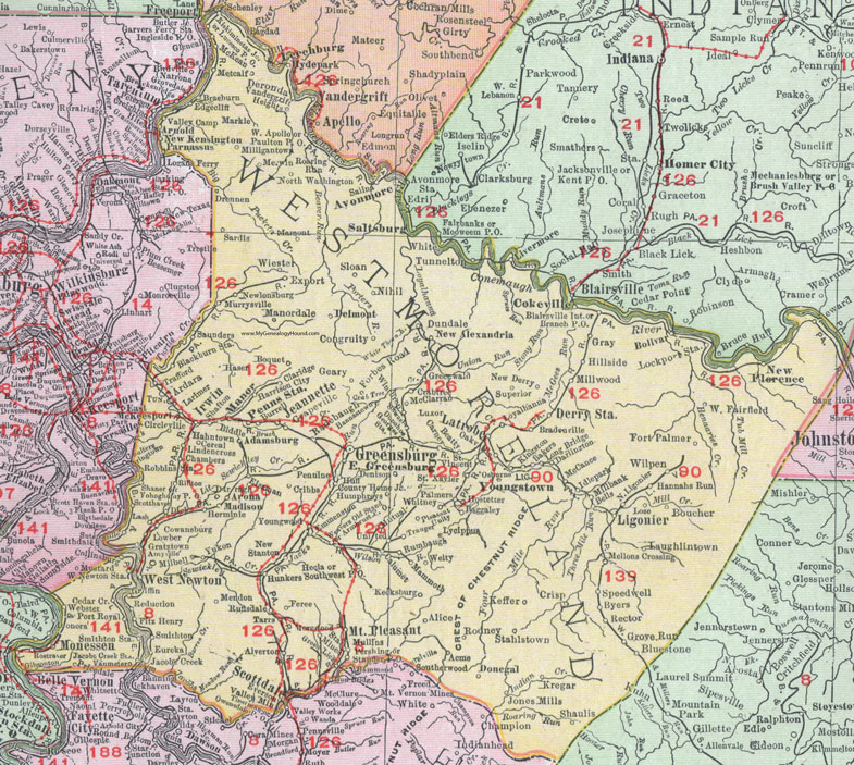 Westmoreland County, Pennsylvania 1911 Map by Rand McNally, Greensburg, Latrobe, Jeannette, Monessen, Mt. Pleasant, Ligonier, West Newton, New Florence, Avonmore, Vandergrift, Delmont, Murrysville, Youngwood, New Stanton, PA