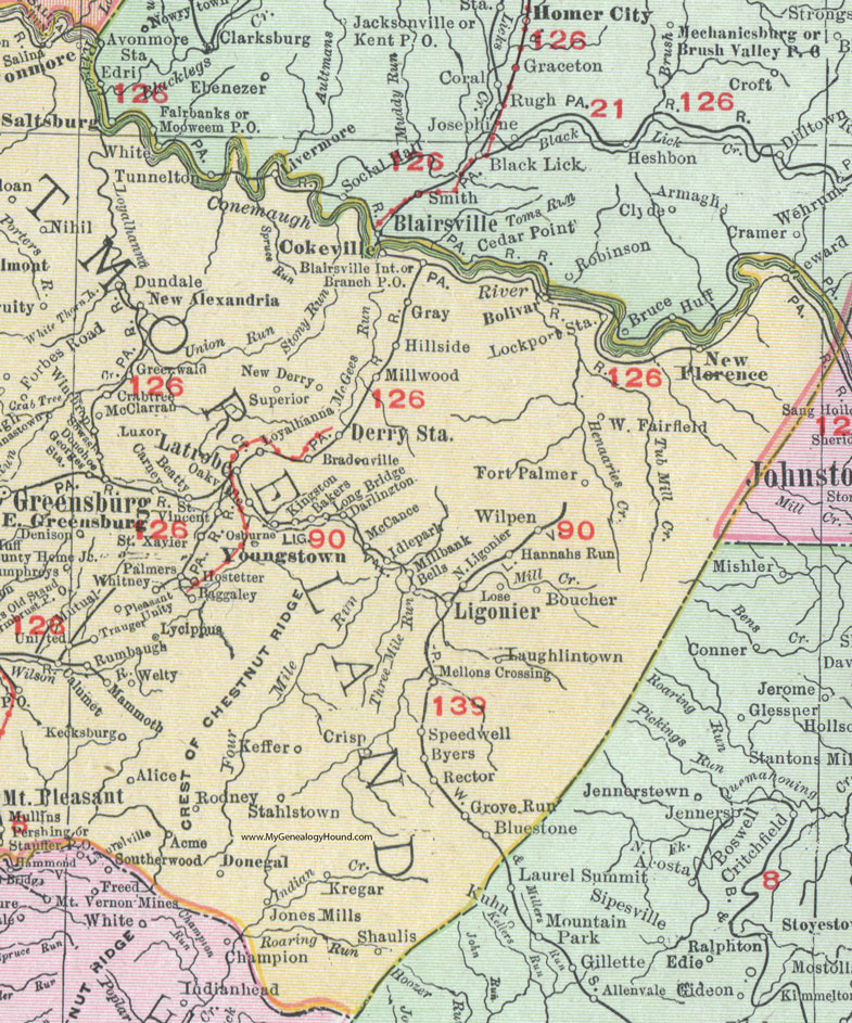 Eastern Westmoreland County, Pennsylvania on an 1911 map by Rand McNally.
