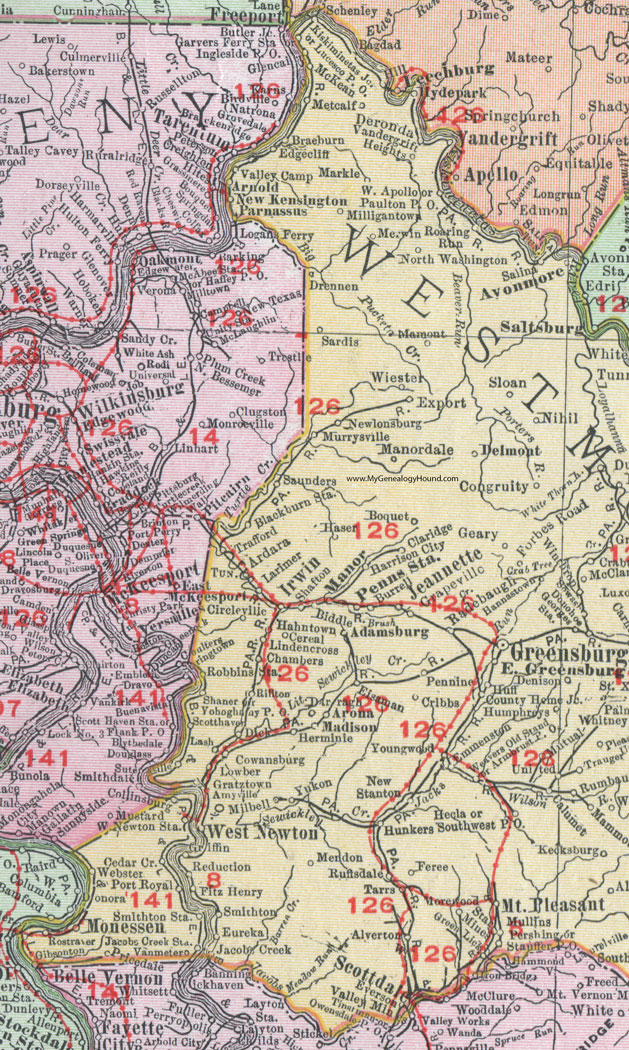 Western Westmoreland County, Pennsylvania on an 1911 map by Rand McNally.