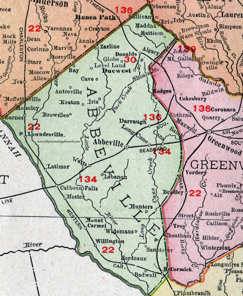 Abbeville County, South Carolina, 1911, Map, Rand McNally, Due West, Lowndesville, Donalds, Latimer, Calhoun Falls, Willington, Bordeaux, Darraugh, Zarline, Mattison, Antreville