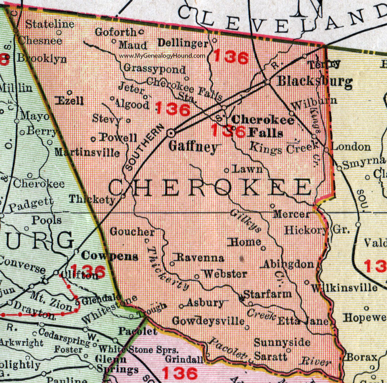 Cherokee County, South Carolina, 1911, Map, Rand McNally, Gaffney, Blacksburg, Cherokee Falls